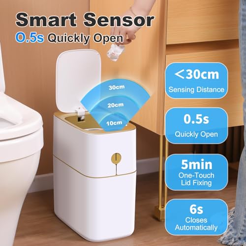 JUDRDO Bathroom Trash Can Automatic 3.5 Gallon Garbage Can - Touchless Gold Trash Can with Lid, Small Plastic Slim Waste Basket for Bedroom, Office, Living Room, Toilet, Laundry, Dormitory