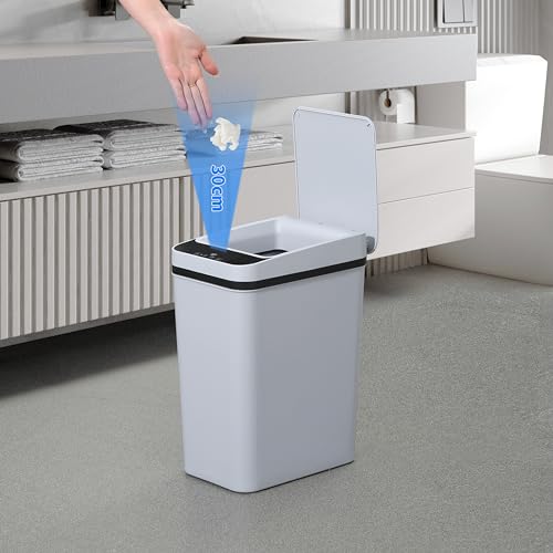 QSFWCSM Bathroom Trash can,Smart Touchless Trash Can,Automatic Motion Sensor Compost Bin with Lid,2.4 Gallon Plastic PP Rubbish Can, Kitchen, Bathroom, Office, Bedroom Trash can (Grey)