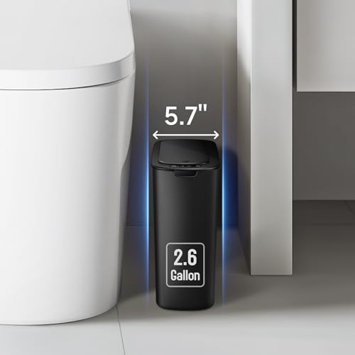 TIPGO Automatic Bathroom Trash Can with Lid, 2.6 Gallon Touchless Motion Sensor Garbage Can, Smart Plastic Slim Wastebasket for Bedroom, Office, Dorm (Black)