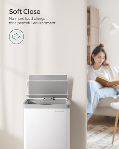 SONGMICS Motion Sensor Trash Can, 18-Gallon (68L) Automatic Kitchen Garbage Can with Stay-Open Lid, Soft Close, Stainless Steel, 15 Trash Bags Included, Cloud White ULTB630W68