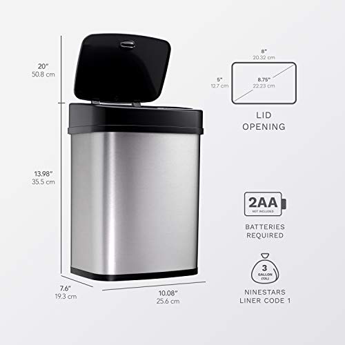 NINESTARS DZT-12-5 Bedroom or Bathroom Automatic Touchless Infrared Motion Sensor Trash Can, 3 Gal 12L, Stainless Steel Base (Rectangular, Black Lid)