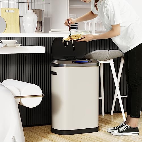 13 Gallon 50L White Automatic Smart Trash Can with Lid for Kitchen Office Bedroom Waste Bin and More, Stainless Steel Thickened Body and Super Mute Sensor Lid Garbage Can with 30 Count Garbage Bags