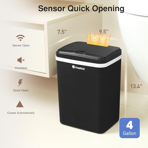 FRESHLIX Automatic Bathroom Garbage Bin with Lid, 4 Gallon Touchless Trash Bin, Smart Electric Narrow Waterproof Trash Can for Toilet, Office, Kitchen, Bedroom, Living Room -Black