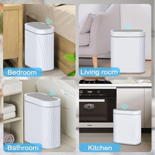 Bathroom Small Trash Can with Automatic Touchless Lid, 2.6 Gallon Smart Garbage Can Narrow Waterproof Trash Bin for Bedroom, Office, Living Room (Grey)