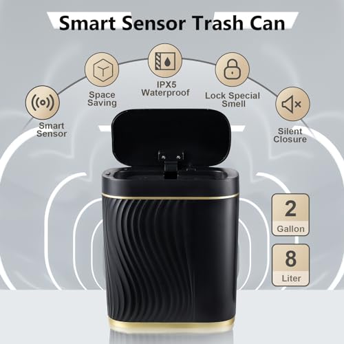 SYNCVIBE Bathroom Small Trash Can 2 Gallon Black Sensor Garbage Can with Lid, Plastic Automatic Trash Bin, Slim Motion Sensor Trash Can, Waterproof Smart Waste Bin for Living Room, Office, Bedroom