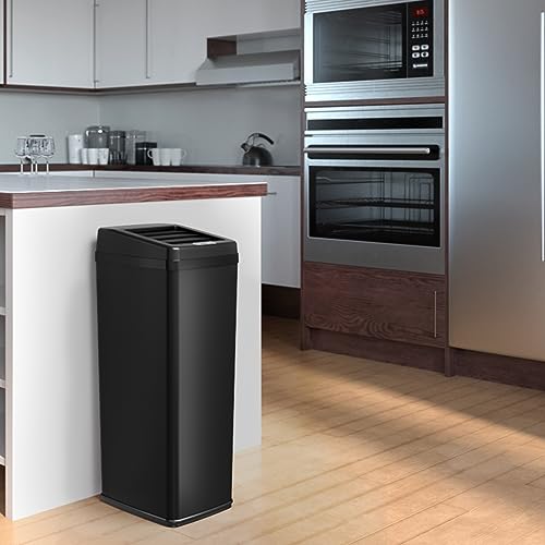 iTouchless 14 Gallon Sliding Lid Automatic Sensor Trash Can with Odor Filter System, 52 Liter Black Steel Touchless Kitchen Garbage Bin, Matte Black