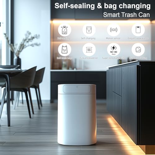 Automatic Trash can 4.6 gallons,Self-sealing&self-changing Smart Garbage can,Motion Sensor activated Rechargeable touchless with lid for Kitchen Bathroom Bedroom,with 6 refill Rings-150 bags