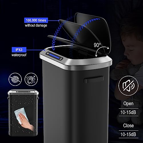 pouseayar 13 Gallon Smart Automatic Trash Can with Lid, Stainless Steel Thickened Body & Super Mute Sensor Lid with 30 Count Garbage Bags for Kitchen Office Bedroom Waste Bin and More - Black