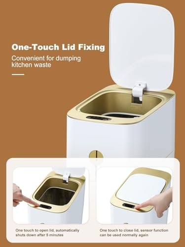 JUDRDO Bathroom Trash Can Automatic 3.5 Gallon Garbage Can - Touchless Gold Trash Can with Lid, Small Plastic Slim Waste Basket for Bedroom, Office, Living Room, Toilet, Laundry, Dormitory