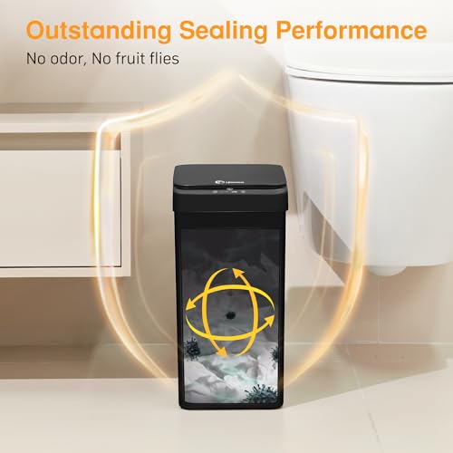 LJIACLEA Bathroom Smart Touchless Trash Can for Kitchen 2.6 Gallon Automatic Motion Sensor Rubbish Can with Lid Waterproof Narrow Small Garbage Bin for Kitchen, Toilet, Bedroom, RV(Black,Battery)