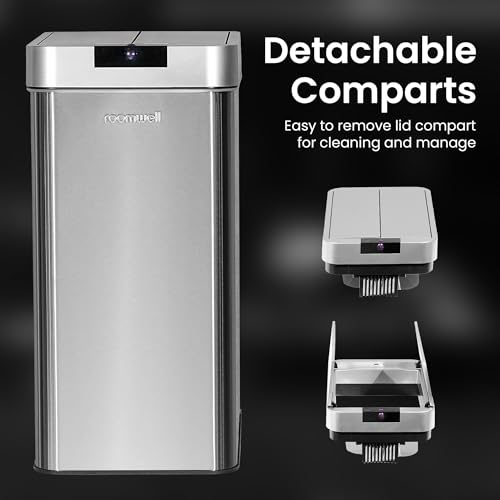 ROOMWELL Automatic Trash Can Kitchen 13+ Gallon - Stainless Steel Garbage Can Touchless with Motion Sensor Lid and Infrared Light with AC Power Adapter (13 Gallon)