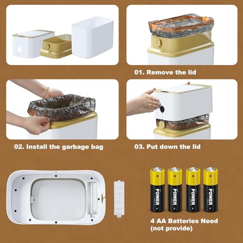 JUDRDO Bathroom Trash Can Automatic 3.5 Gallon Garbage Can - Touchless Gold Trash Can with Lid, Small Plastic Slim Waste Basket for Bedroom, Office, Living Room, Toilet, Laundry, Dormitory