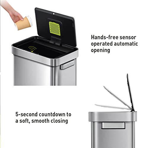EKO Deluxe Mirage-T 50 Liter / 13.2 Gallon Touchless Rectangular Motion Sensor Trash Can, Matte Stainless Steel Finish
