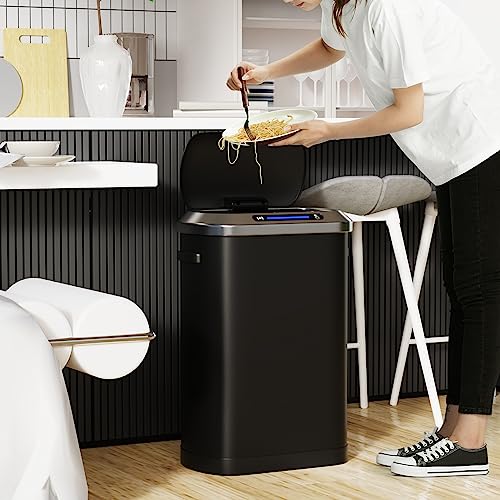 pouseayar 13 Gallon Smart Automatic Trash Can with Lid, Stainless Steel Thickened Body & Super Mute Sensor Lid with 30 Count Garbage Bags for Kitchen Office Bedroom Waste Bin and More - Black