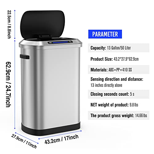 13 Gallon 50L Smart Automatic Trash Can with Lid, Stainless Steel Thickened Body and Super Mute Touch Free Sensor Lid with 30 Count Garbage Bags for Kitchen Office Bedroom Waste Bin and More - Silver