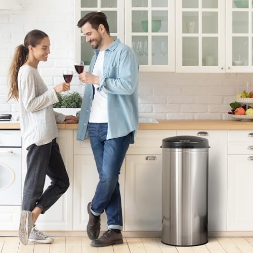 Goplus Automatic Motion Sensor Trash Can, 8 Gallon /30 L Touchless Trash Bin with Soft Close Lid, Round Stainless Steel Waste Bin, Smart Electric Garbage Can for Home Kitchen Office, Silver