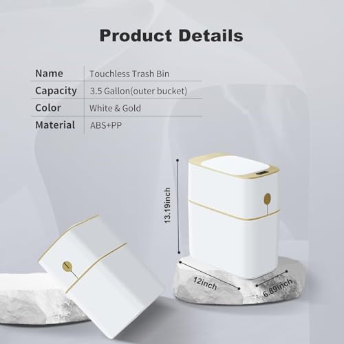 JUDRDO Bathroom Trash Can Automatic 3.5 Gallon Garbage Can - Touchless Gold Trash Can with Lid, Small Plastic Slim Waste Basket for Bedroom, Office, Living Room, Toilet, Laundry, Dormitory