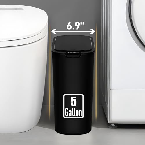 5 Gallon Motion Senor Bathroom Trash Can with Lid, Automatic Garbage Can Touchless, Smart Plastic Waste basket for Narrow Spaces, Bathroom, Office, Bedroom, Living Room (Black)