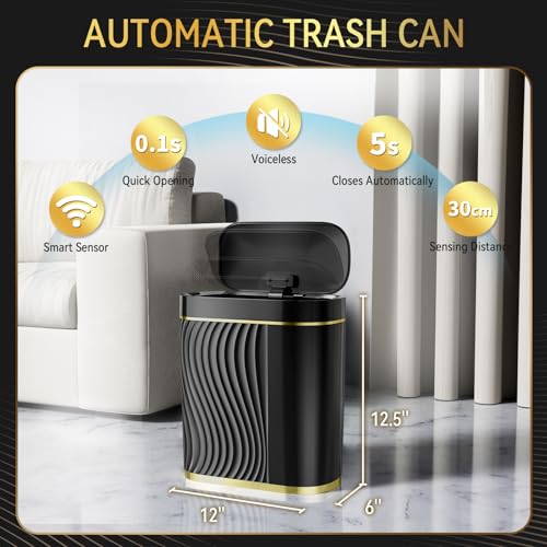 GloDeals Automatic Bathroom Trash Can with Lid: 2 Gallon Motion Sensor Trash Can, Touchless Small Bathroom Trash Bin, Waterproof Smart Garbage Can for Bathroom, Bedroom, Office, rv(black)
