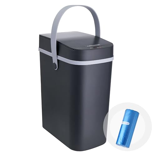 Automatic Trash Can with Lid 2.6 Gallon / 10L With 30 Garbage Bags - Waterproof Motion Sensor Touchless Trash Can for Bathroom with Handle, Small Kitchen Garbage Can, Bedroom & Office Trashcan - Black