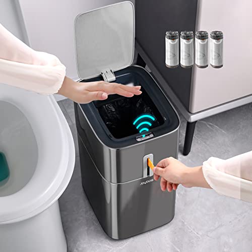 MOPUP Motion Sensor Bathroom Trash Cans | 4 Gallon Stainless Steel Automatic Privacy Garbage Can with Lid | Smart Dogproof Trash Bin for Bedroom,Office,Toilet,RV
