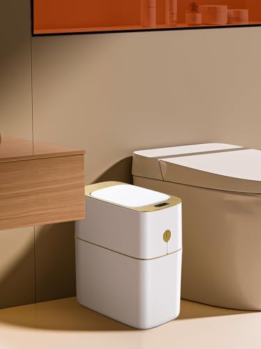 JUDRDO Bathroom Trash Can Automatic 3.5 Gallon Garbage Can - Touchless Gold Trash Can with Lid, Small Plastic Slim Waste Basket for Bedroom, Office, Living Room, Toilet, Laundry, Dormitory