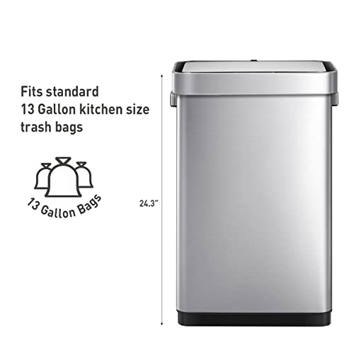 EKO Deluxe Mirage-T 50 Liter / 13.2 Gallon Touchless Rectangular Motion Sensor Trash Can, Matte Stainless Steel Finish