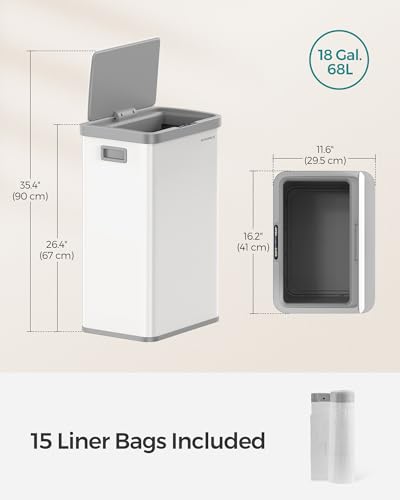 SONGMICS Motion Sensor Trash Can, 18-Gallon (68L) Automatic Kitchen Garbage Can with Stay-Open Lid, Soft Close, Stainless Steel, 15 Trash Bags Included, Cloud White ULTB630W68