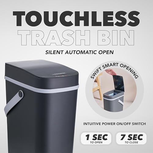 Automatic Trash Can with Lid 2.6 Gallon / 10L With 30 Garbage Bags - Waterproof Motion Sensor Touchless Trash Can for Bathroom with Handle, Small Kitchen Garbage Can, Bedroom & Office Trashcan - Black