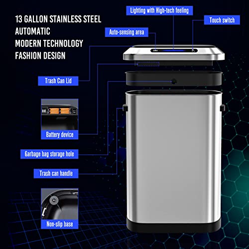 13 Gallon 50L Smart Automatic Trash Can with Lid, Stainless Steel Thickened Body and Super Mute Touch Free Sensor Lid with 30 Count Garbage Bags for Kitchen Office Bedroom Waste Bin and More - Silver