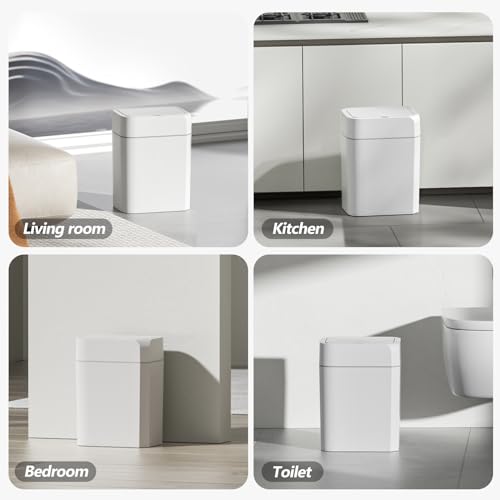 ELPHECO Motion Sensor Trash Can with Lid 3.5 Gallon Automatic Small Slim Garbage Can Waterproof Smart Trash Bin for Bathroom, Kitchen, Office, Bedroom, Living Room, Toilet (White,2 Pack)