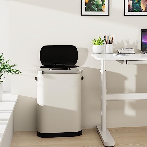 13 Gallon 50L White Automatic Smart Trash Can with Lid for Kitchen Office Bedroom Waste Bin and More, Stainless Steel Thickened Body and Super Mute Sensor Lid Garbage Can with 30 Count Garbage Bags