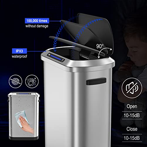 13 Gallon 50L Smart Automatic Trash Can with Lid, Stainless Steel Thickened Body and Super Mute Touch Free Sensor Lid with 30 Count Garbage Bags for Kitchen Office Bedroom Waste Bin and More - Silver