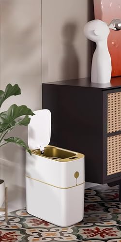 JUDRDO Bathroom Trash Can Automatic 3.5 Gallon Garbage Can - Touchless Gold Trash Can with Lid, Small Plastic Slim Waste Basket for Bedroom, Office, Living Room, Toilet, Laundry, Dormitory