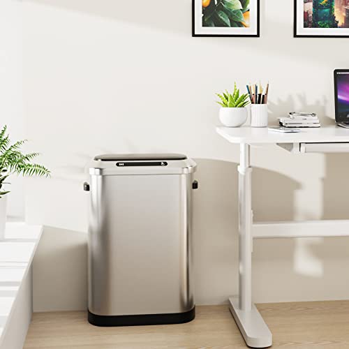 13 Gallon 50L Smart Automatic Trash Can with Lid, Stainless Steel Thickened Body and Super Mute Touch Free Sensor Lid with 30 Count Garbage Bags for Kitchen Office Bedroom Waste Bin and More - Silver