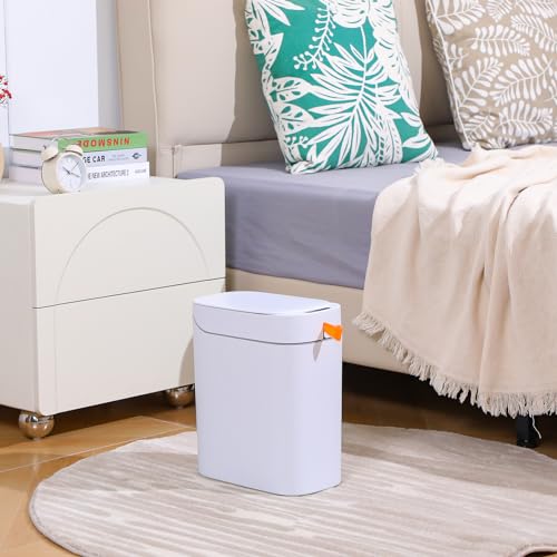 MOPALL Rechargeable Bathroom Trash Can,Motion Sensor Trash Can Automatic Touchless,White 3.5 Gallon Smart Garbage Can with Lid,Auto-Adsorption Slim Small Waste Basket for Bedroom,Bathroom,Kitchen