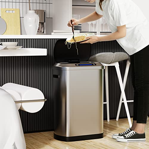 13 Gallon 50L Smart Automatic Trash Can with Lid, Stainless Steel Thickened Body and Super Mute Touch Free Sensor Lid with 30 Count Garbage Bags for Kitchen Office Bedroom Waste Bin and More - Silver