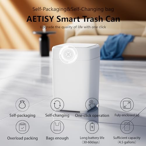 Automatic Trash Can Touchless,4.5 Gallon Self-Packaging and Self-Changing Touchless Smart Garbage Cans,Motion Sensor Trash Bin with Lid for Bathroom Kitchen Bedroom Office,6 Refill Bag Rings(White)