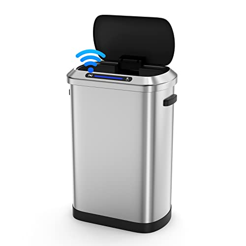 13 Gallon 50L Smart Automatic Trash Can with Lid, Stainless Steel Thickened Body and Super Mute Touch Free Sensor Lid with 30 Count Garbage Bags for Kitchen Office Bedroom Waste Bin and More - Silver