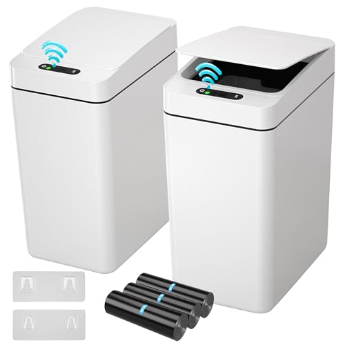 kaylowe Bathroom Automatic Trash Can 2.6 Gallon Touchless Garbage Cans with Lid 2 Pack Small Slim Motion Sensor Smart Trash Bin for Bedroom, Bathroom, Office, Kitchen, Living Room, White