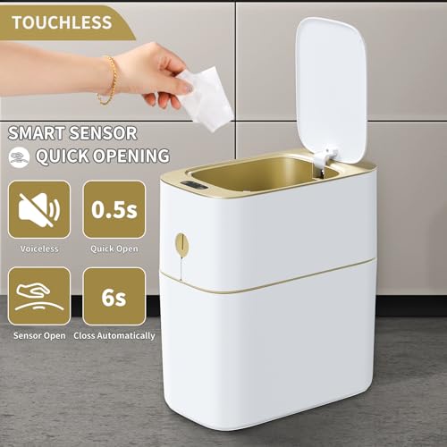 JOYBOS Bathroom Trash Can with Automatic Touchless Lid,4 Gallon Slimline Privacy Garbage Can with Motion Sensor and Waterproof Design for Bathroom, Bedroom, Toilet, Office White with Gold