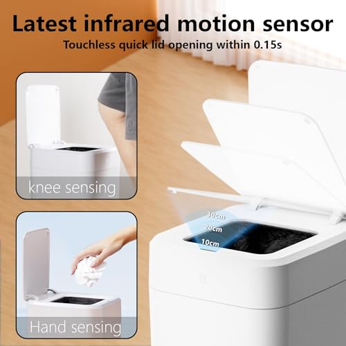 Automatic Trash Can Touchless,4.5 Gallon Self-Packaging and Self-Changing Touchless Smart Garbage Cans,Motion Sensor Trash Bin with Lid for Bathroom Kitchen Bedroom Office,6 Refill Bag Rings(White)