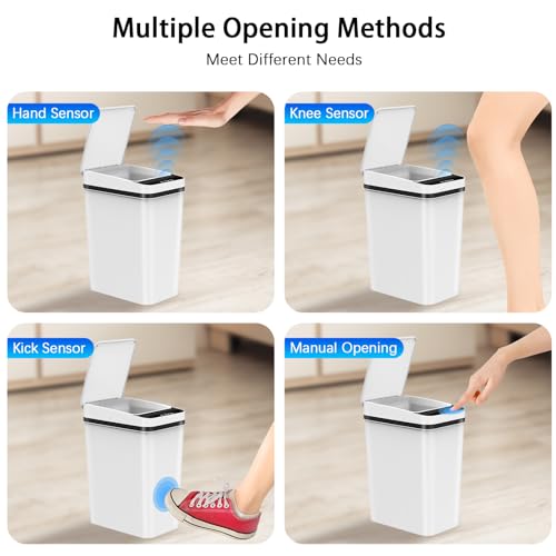 3 Pack Automatic Small Bathroom Trash Can with Lid - 2.5 Gallon Touchless Garbage Can, Motion Sensor Smart Trash Bin, Slim Dog Proof Trashcan, Waterproof Wastebasket for Bedroom Office Kitchen (White)