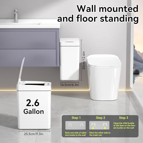 kaylowe Bathroom Automatic Trash Can 2.6 Gallon Touchless Garbage Cans with Lid 2 Pack Small Slim Motion Sensor Smart Trash Bin for Bedroom, Bathroom, Office, Kitchen, Living Room, White