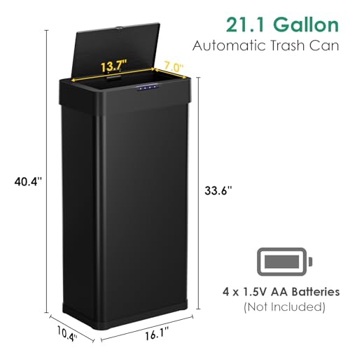 Arlopu 21.1 Gallon Automatic Trash Can,Sensor Motion Stainless Steel Garbage Bin, Touchless Smart Waste Bin, W/Stay-Open, Soft Close Lid, Display Light for Kithchen, Living Room, Office (21.1gal)