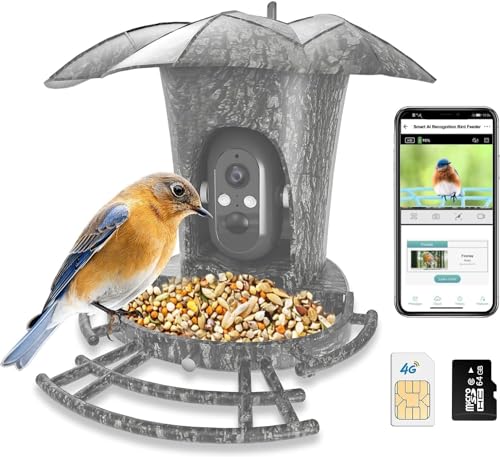 AUQRER Smart Bird Feeder with Camera, 1080P HD Bird Feeder Camera Including 4G SIM Card, AI Identify Bird Species APP Control Solar Powered Smart Bird Feeder (4G Vesion)