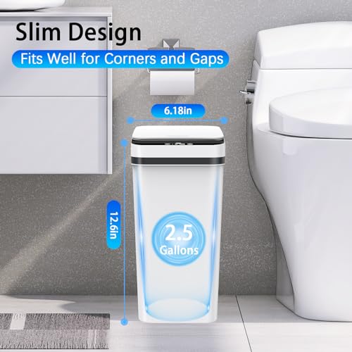 3 Pack Automatic Small Bathroom Trash Can with Lid - 2.5 Gallon Touchless Garbage Can, Motion Sensor Smart Trash Bin, Slim Dog Proof Trashcan, Waterproof Wastebasket for Bedroom Office Kitchen (White)