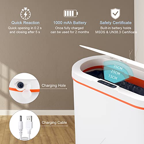 aDeerElf Automatic Bathroom Trash Can with lid, Smart Trash Can Bedroom, Motion Sensor Trash Can Small Smart Trash Can Touchless Slim Garbage Can (White, 4.2 Gallon)