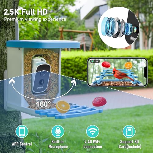 DEHVIHS Smart Bird Feeder with Camera, 2.5K HD AI Identify Bird Watching Camera with Solar Panel, Live View, Auto Capture Bird Videos & App Notify When Birds Detected, Ideal Gift for Bird Lover