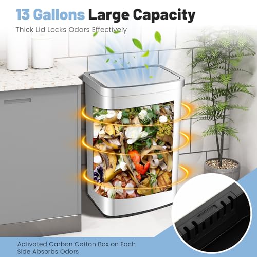 Goplus 13 Gallon/ 50 Liter Automatic Trash Can, Rectangular Motion Sensor Waste Trash Bin w/Soft Close Lid & Deodorizer Compartment, Smart Touchless Stainless Steel Garbage Can for Kitchen Office
